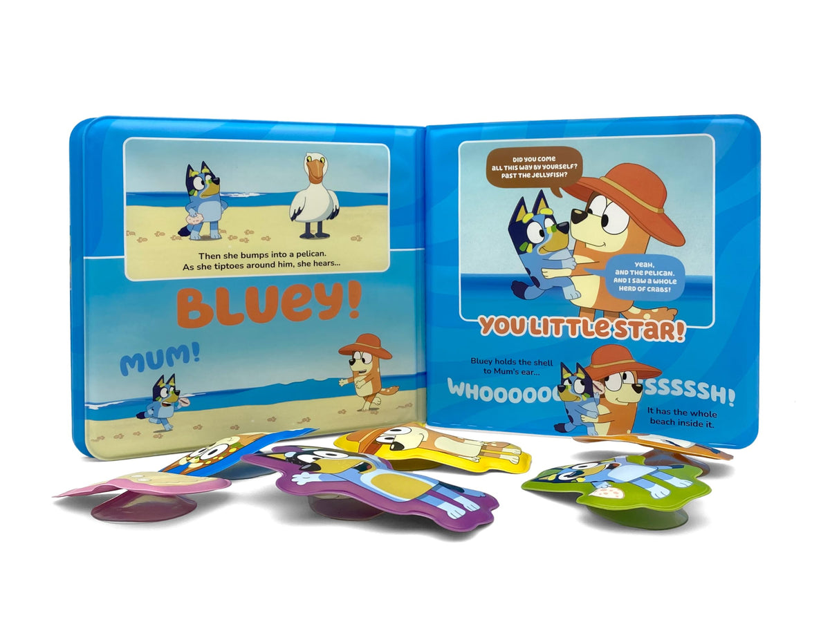 Bluey The Beach Bath Time Books - Activity Books for kids, Bath book, 6 Padded suction cups, 1 Mesh