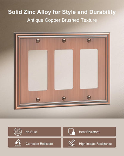 2-Pack Decorative Tripple Decorator Outlet Cover Plate, Durable Zinc Alloy Antique Copper Wall