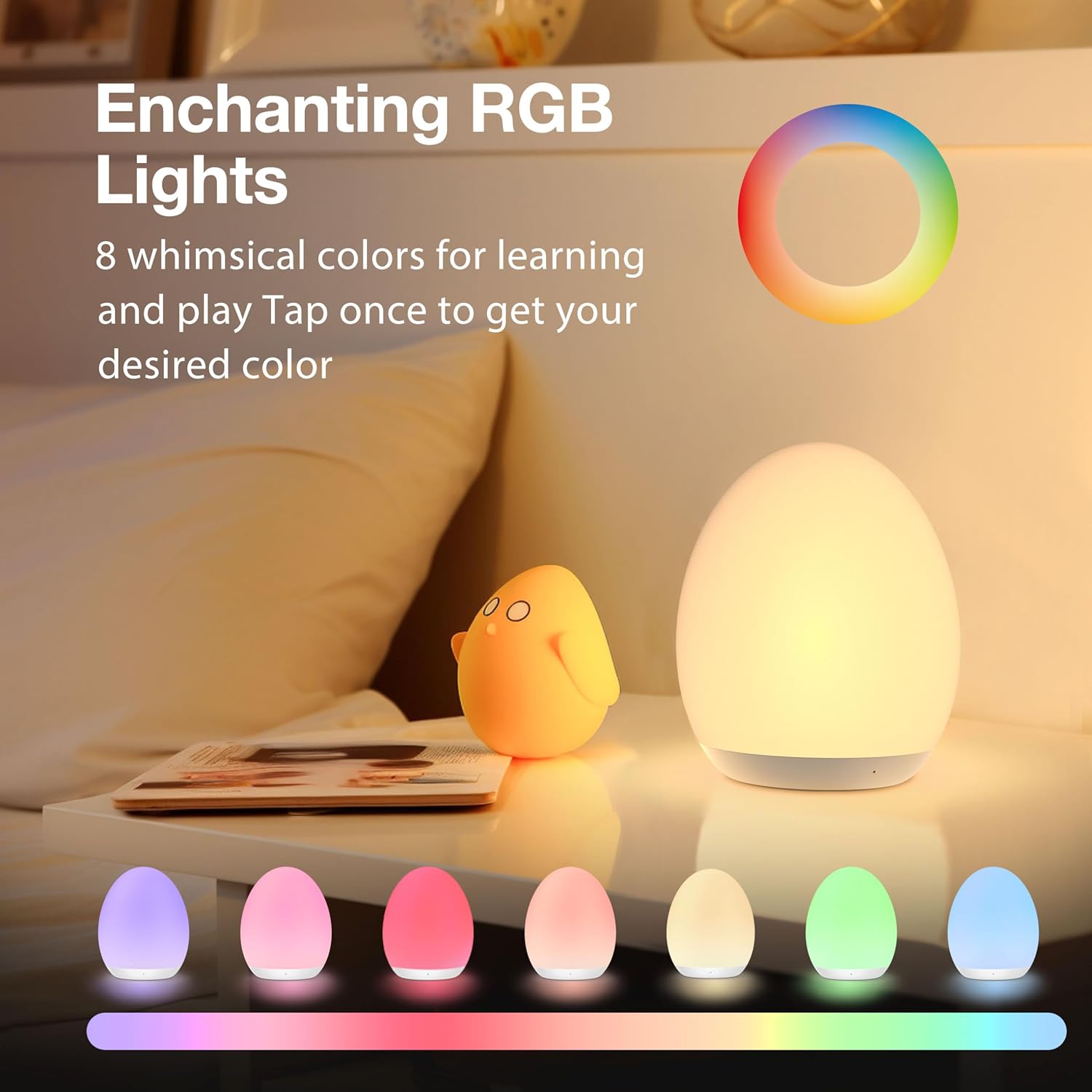 JolyWell Night Light for Kids, Baby Egg Light with 7 Colors Changing Mode & Stepless Dimming
