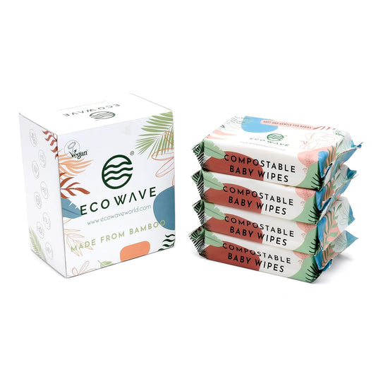 Eco Wave Baby Wipes, 100% Compostable Eco-Friendly Bamboo Wipes, Unscented, Hypoallergenic, Vegan