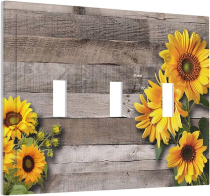 Sunflower Rustic Brown Gray Wood Decorative Switch Plates 3 Gang Wall Plate Triple Toggle Light