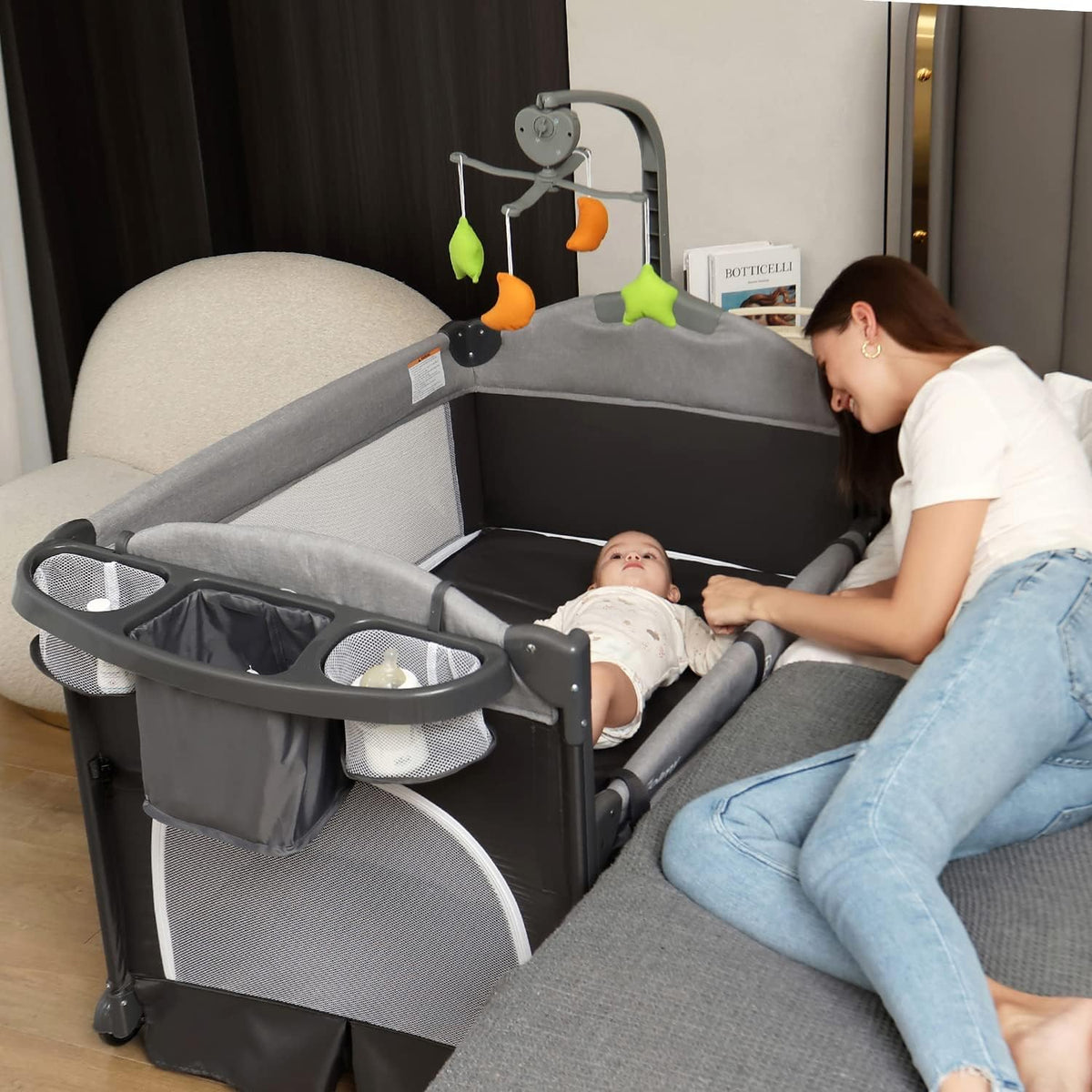 Zdolmy Baby Bedside Sleeper Bassinet, 4-in-1 Pack and Play with Bassinet w/Diaper Changing Table &