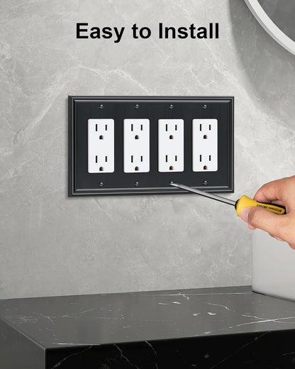 2-Pack Quad Decorator Outlet Cover Plate, Zinc Alloy Decorative Black Switch Plates and Outlet