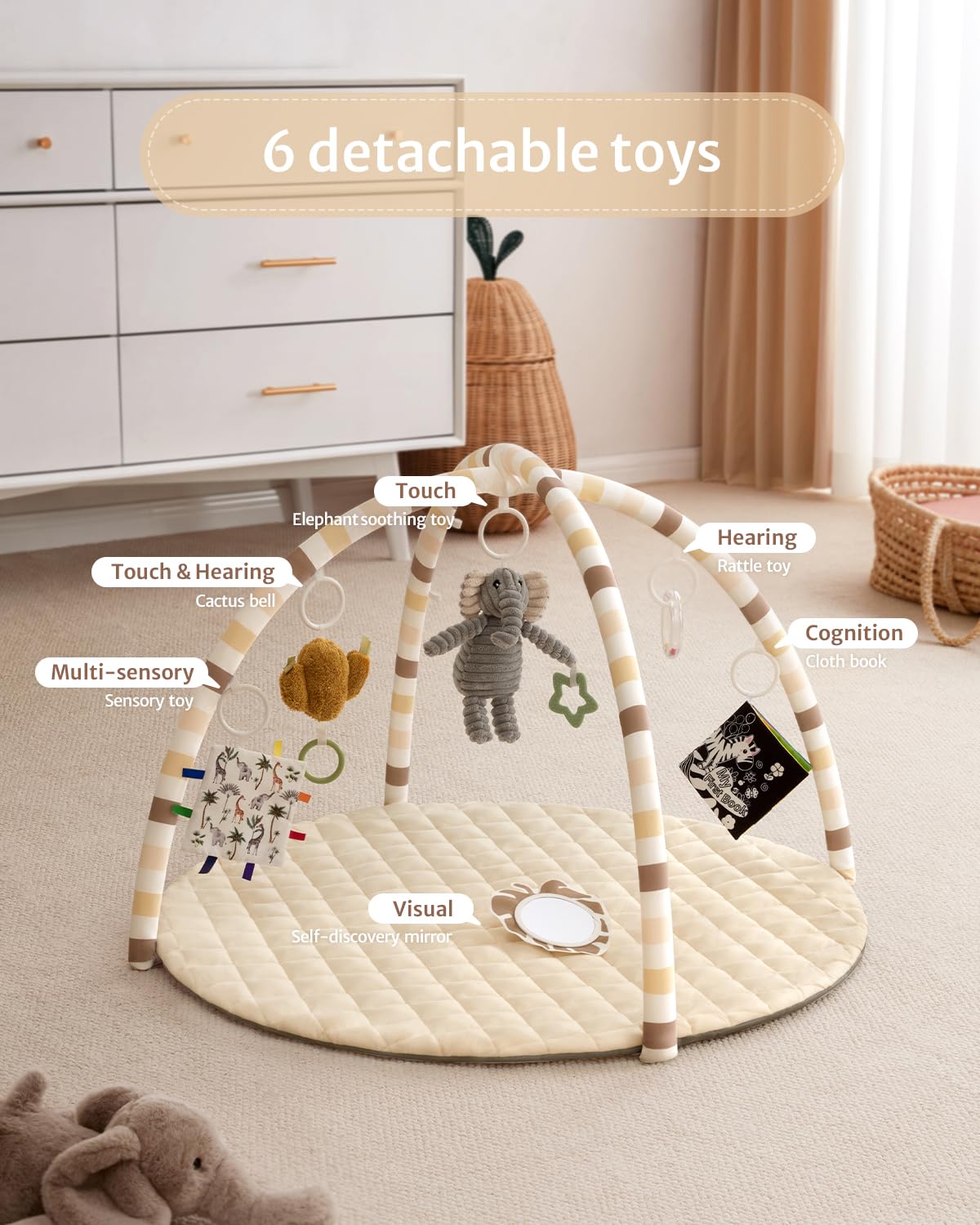 Blissful Diary Baby Play Gym Mat, Tummy Time Activity Mat with 6 Detachable Toys for Stage-Based