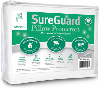 Set of 2 Euro Size SureGuard Pillow Protectors - 100% Waterproof, Bed Bug Proof, Hypoallergenic