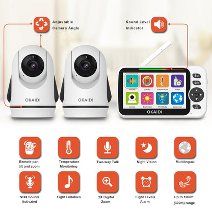 Video Baby Monitor with 2 Cameras, 5" Display Baby Monitor No WiFi, 30H Battery and 1000ft Range