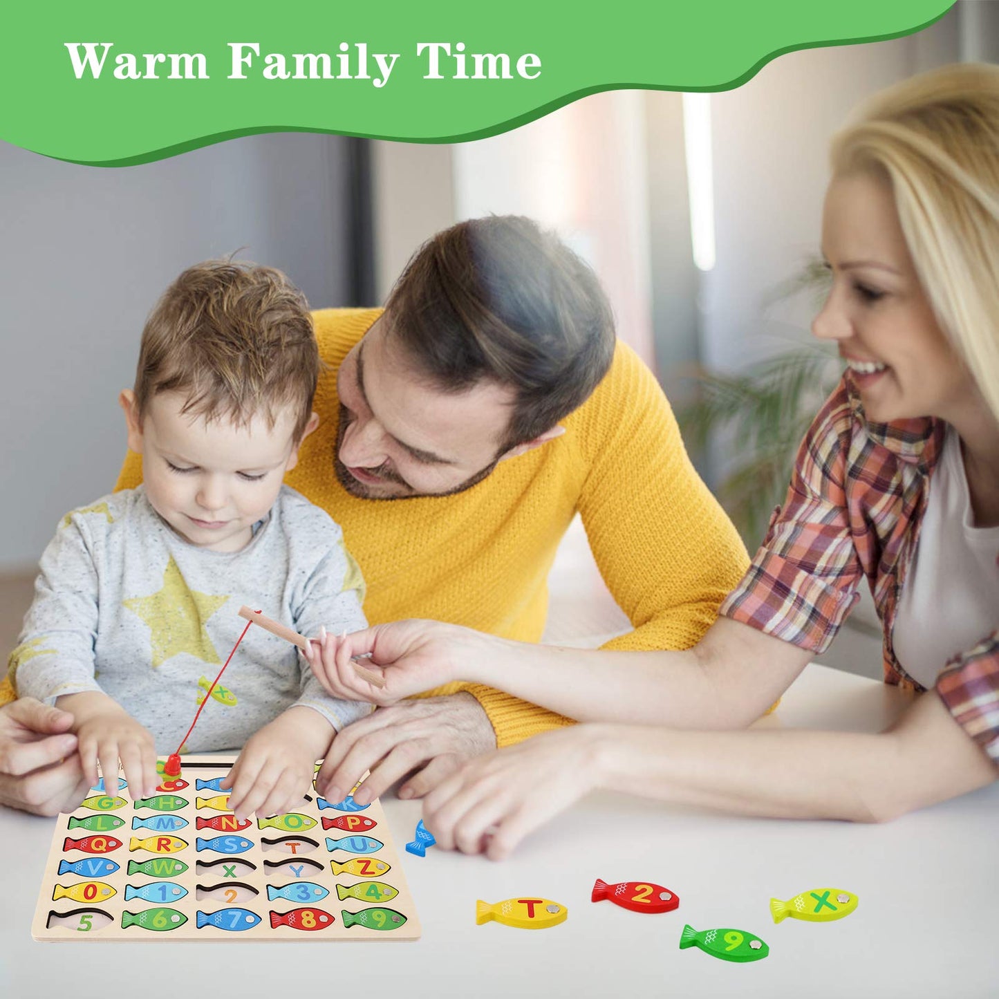 Magnetic Wooden Fishing Game Toy for Preschoolers, Alphabet Fish Catching Counting Games Puzzle