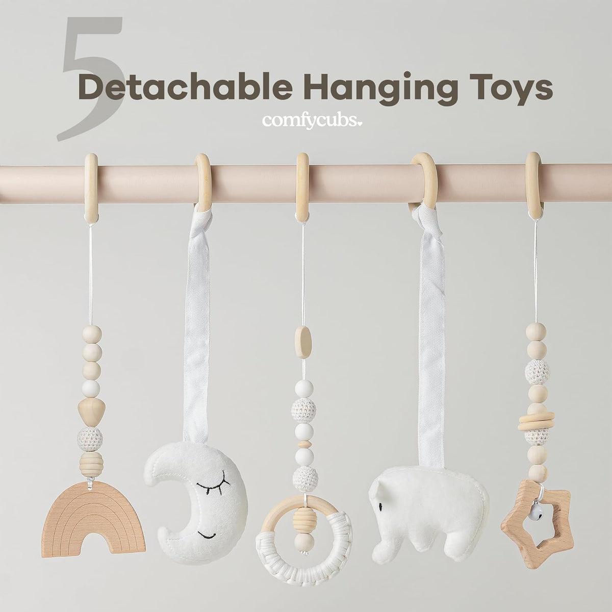 Comfy Cubs Wooden Baby Play Gym - Natural Finish Pinewood Baby Activity Gym with 5 Sensory Hanging
