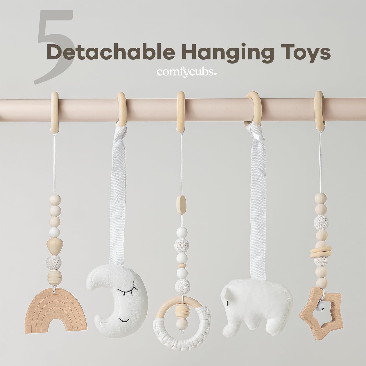 Comfy Cubs Wooden Baby Play Gym - Natural Finish Pinewood Baby Activity Gym with 5 Sensory Hanging