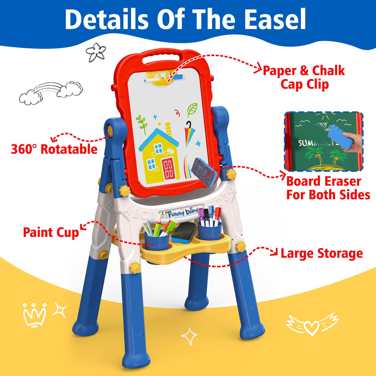 Kids Easel for Toddlers Age 3-4 Art Magnetic White Board & Chalkboard Double Side Adjustable Stand