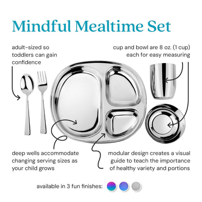 Ahimsa Stainless Steel Kids Dinnerware Set - 5 Piece Toddler Plates and Bowls Set, Pediatrician