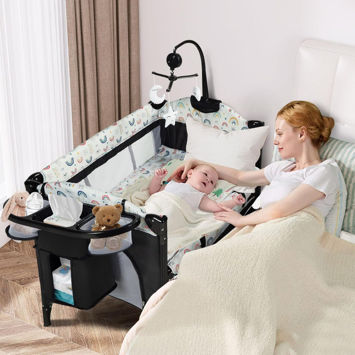 Kinder King 4 in 1 Portable Nursery Center, Foldable Baby Bedside Crib w/Bassinet, Infant Pack n