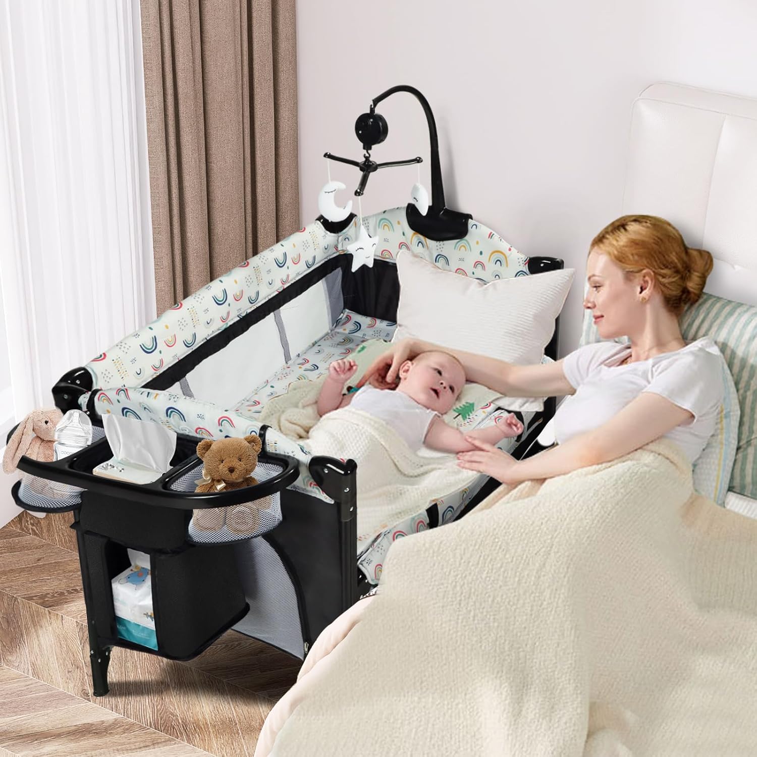 Kinder King 4 in 1 Portable Nursery Center, Foldable Baby Bedside Crib w/Bassinet, Infant Pack n