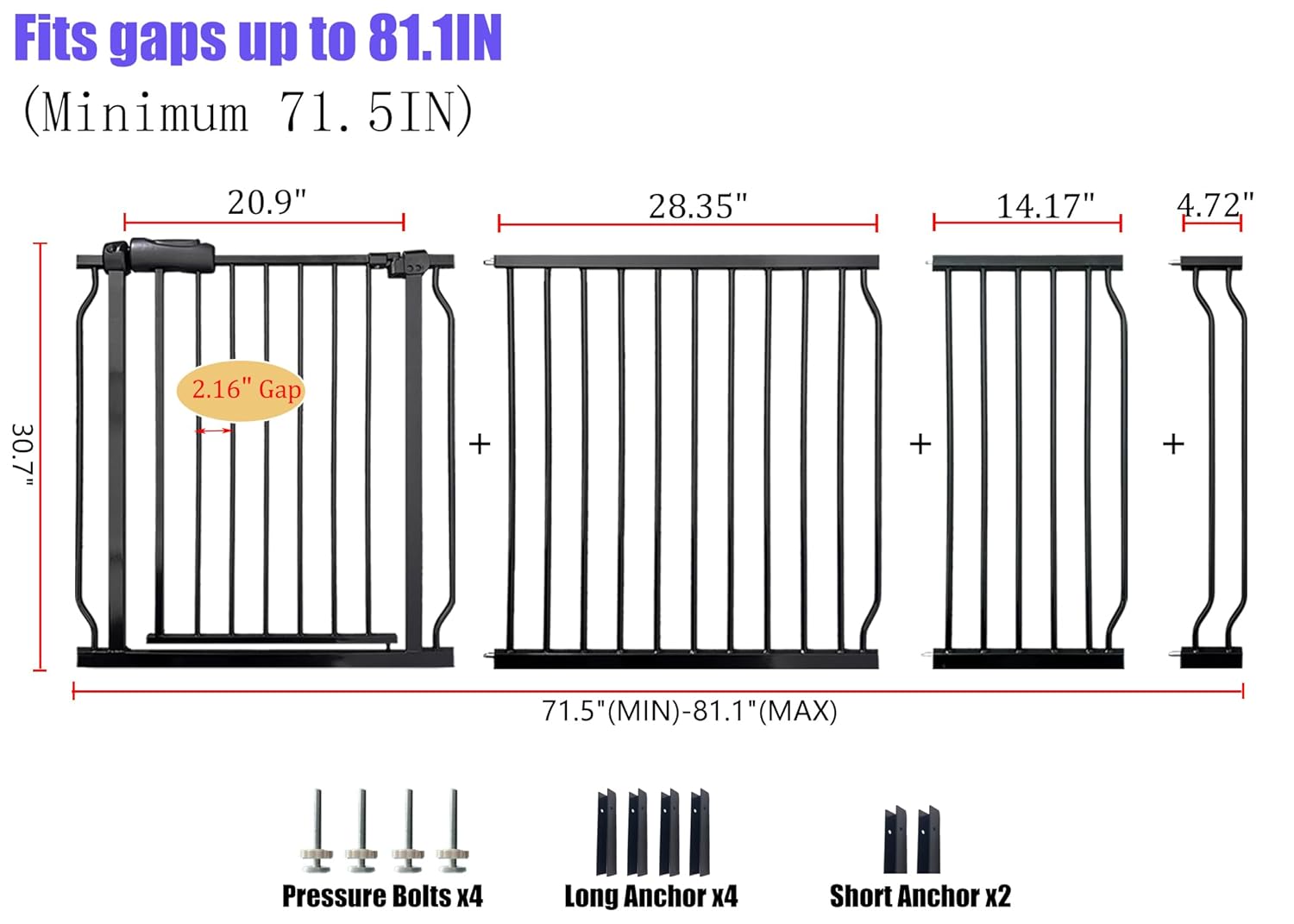 Extra Wide 76.4-81 Inch Large Baby Gates for Stairs, Doorways - No Drilling, Pressure Mounted Pet