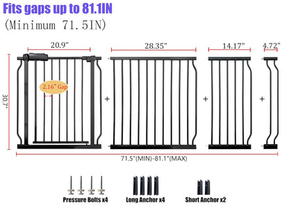 Extra Wide 76.4-81 Inch Large Baby Gates for Stairs, Doorways - No Drilling, Pressure Mounted Pet