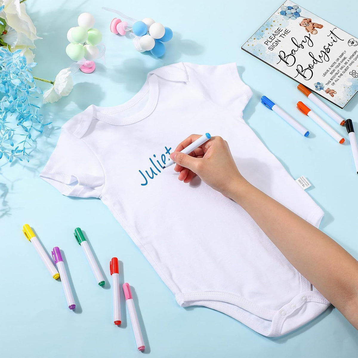 Qunclay 12 Pcs Baby Bodysuit Baby Shower Game Include 1 Game Wooden Sign Tabletop Decor 1 White