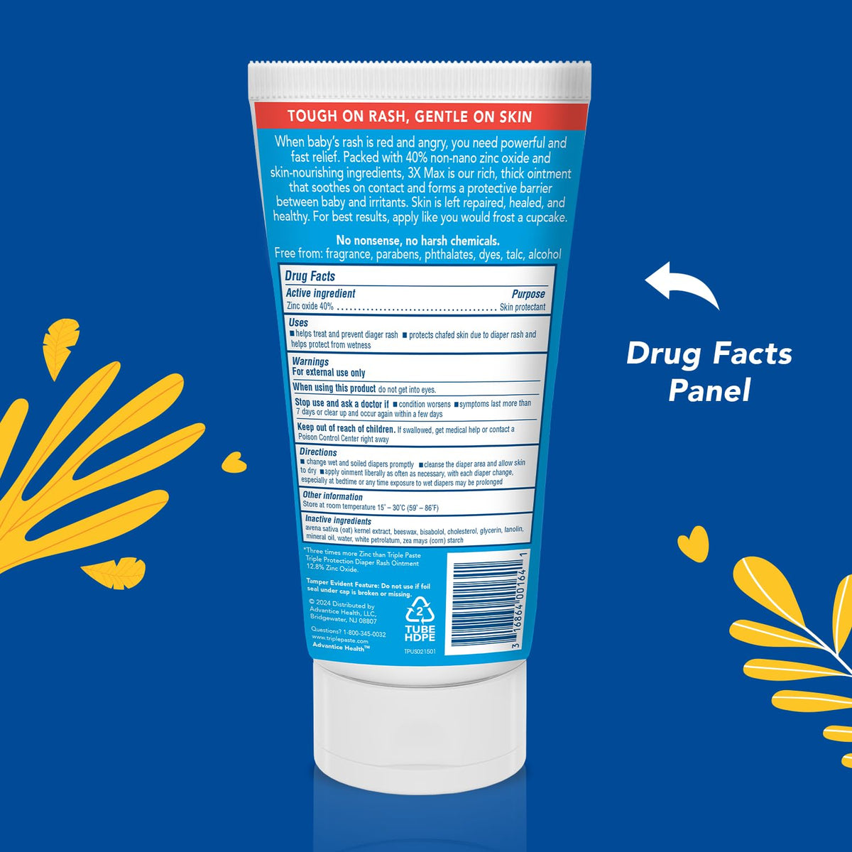 Triple Paste 3X Max Diaper Rash Ointment, Maximum Strength Zinc Oxide Ointment for Severe Diaper