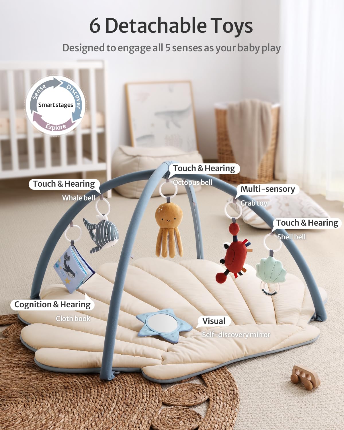 Blissful Diary Shell Baby Play Gym Mat, Softer & Enlarged Tummy Time Mat w 6 Detachable Toys for
