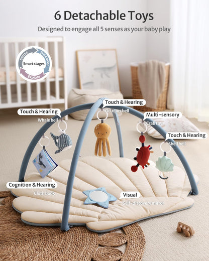Blissful Diary Shell Baby Play Gym Mat, Softer & Enlarged Tummy Time Mat w 6 Detachable Toys for