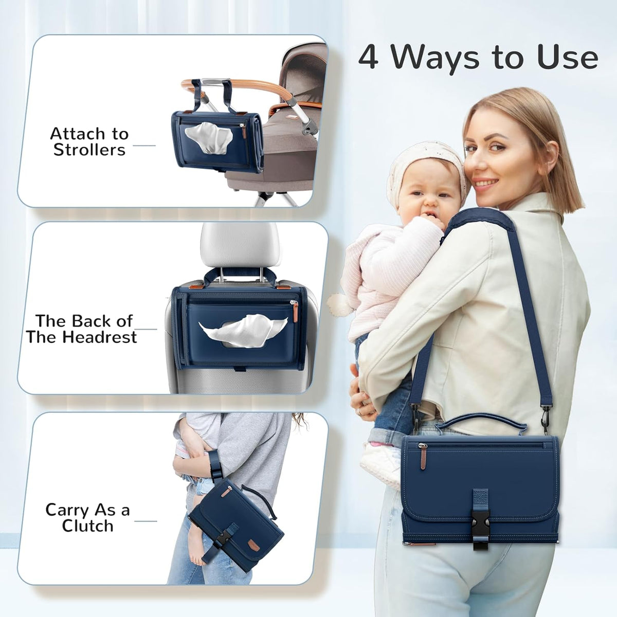 Portable Diaper Changing Pad with Shoulder Strap, Detachable Travel Changing Pad with Baby Wipes