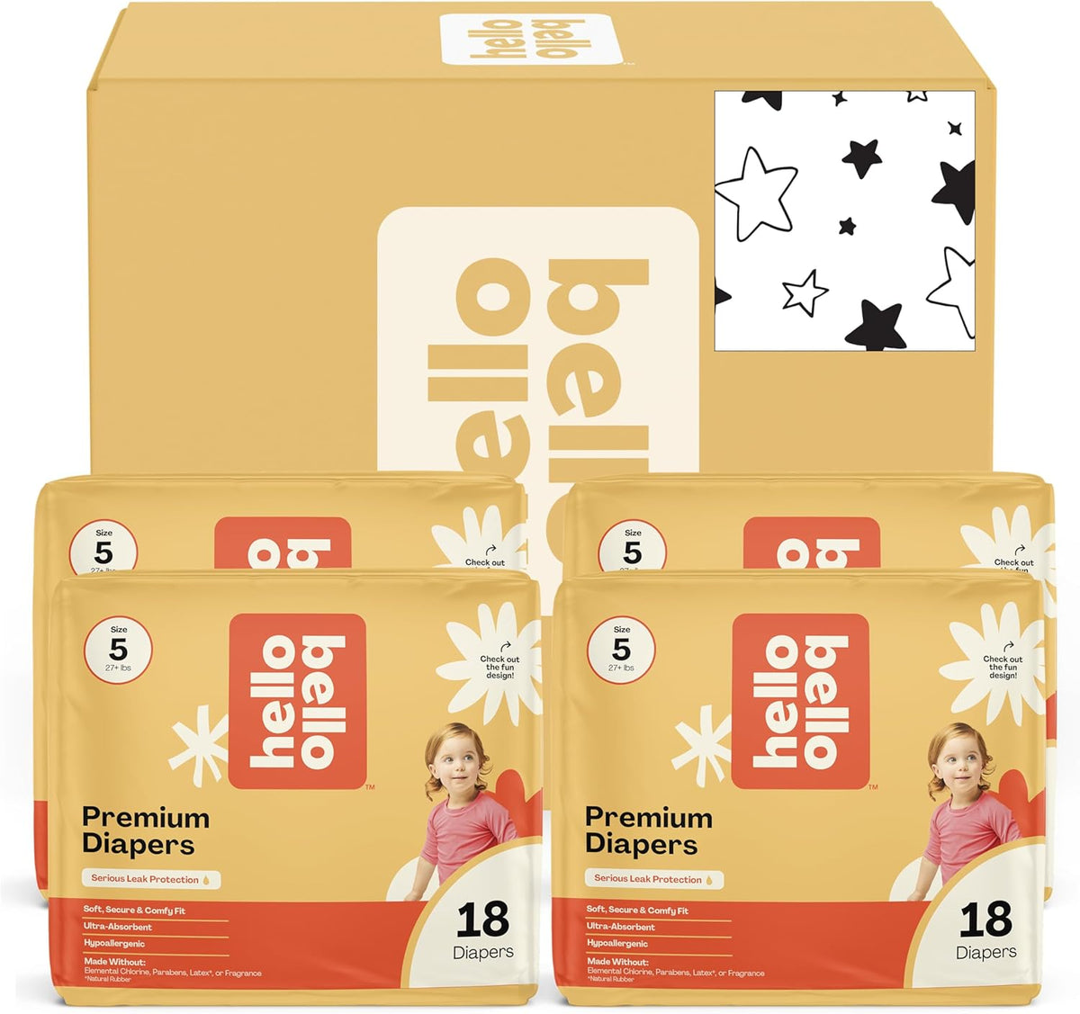 Hello Bello Diapers, Size 5 (27+ lbs) Superstars - 72 Count Value Pack of Premium Disposable Baby
