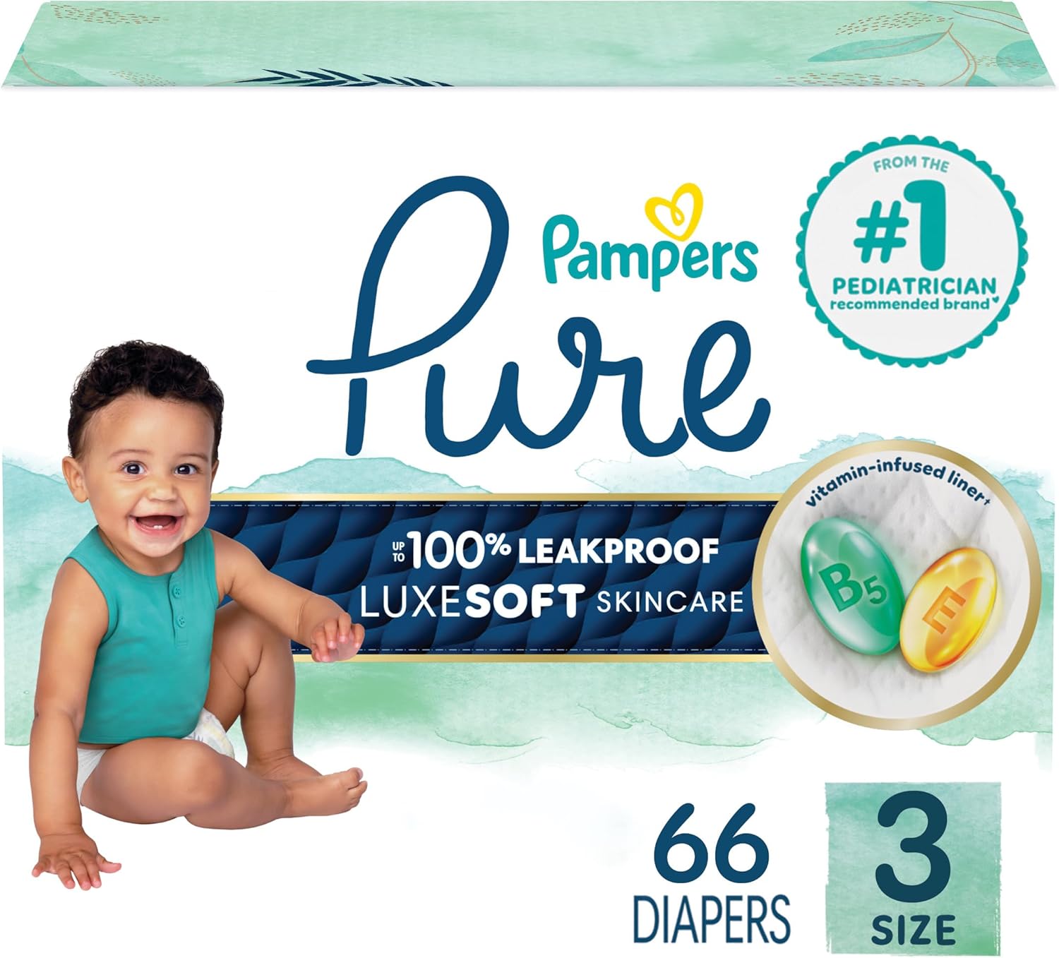 Pampers Pure Protection Baby Diapers, Size 3 (16-28 lbs), 66 Count, Up to 100% Leakproof, Premium