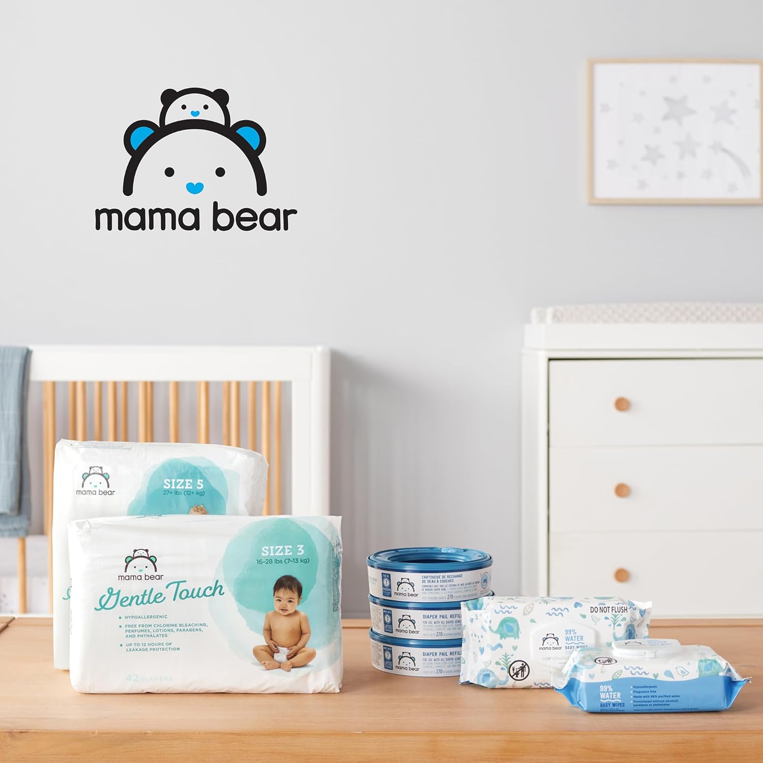 Amazon Brand - Mama Bear Diaper Pail Refills for Diaper Genie Pails, Unscented, 1080 Count (4 Packs