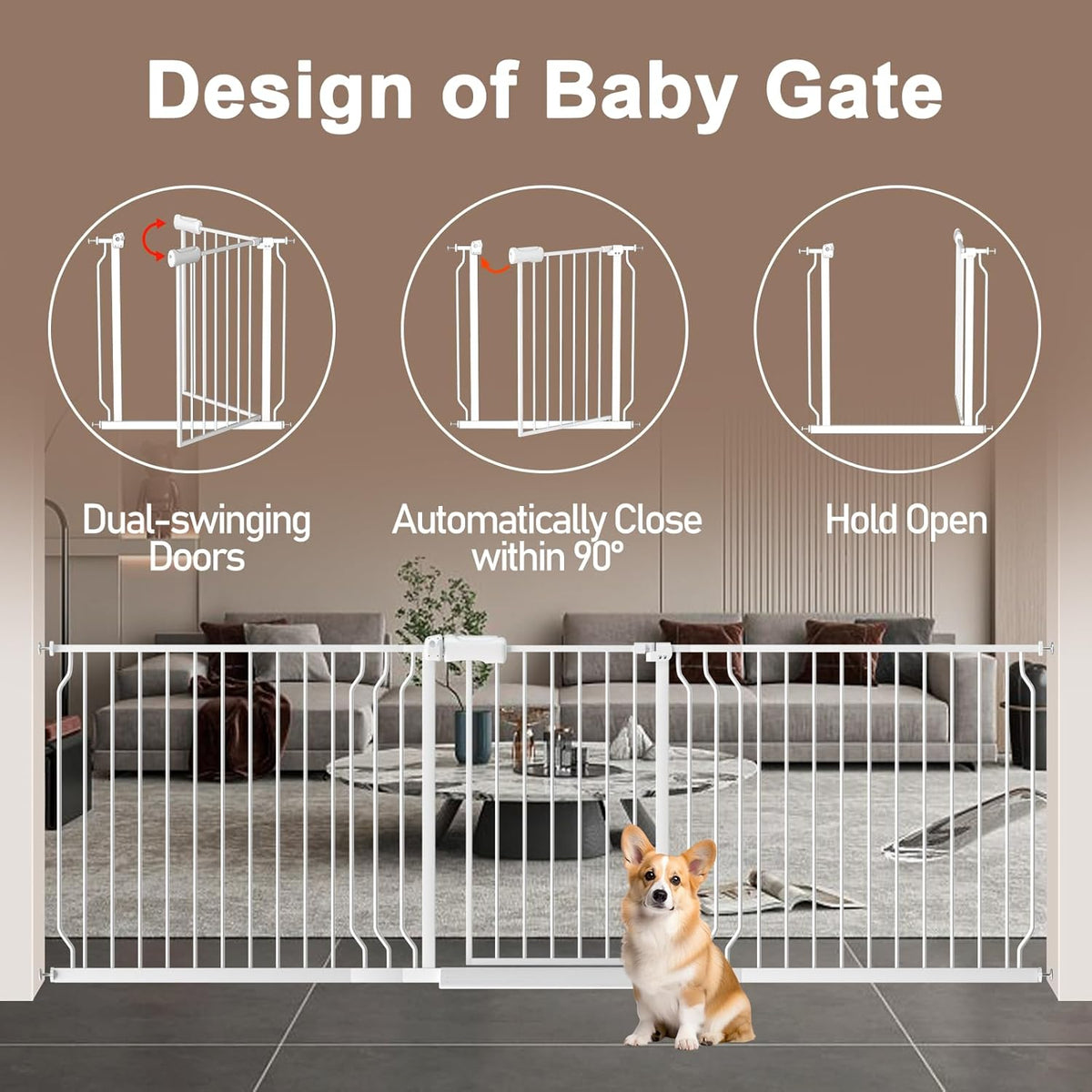 WAOWAO Baby Gate 100-109.41" Extra Wide Pressure Mounted Walk Through Swing Auto Close Safety White