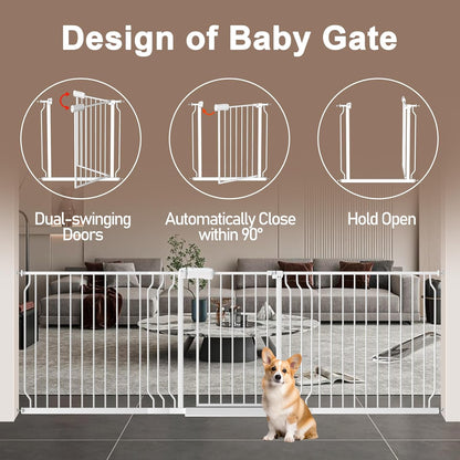 WAOWAO Baby Gate 100-109.41" Extra Wide Pressure Mounted Walk Through Swing Auto Close Safety White