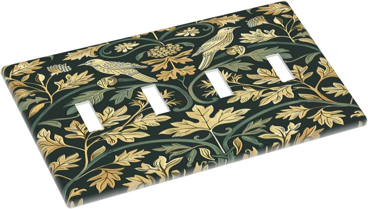 Light Switch Covers William Morris Vintage Botanical Birds Golden Green Leaves Quad Toggle