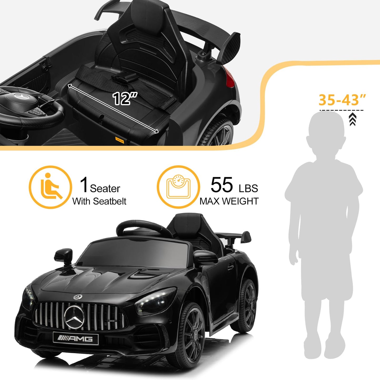 Winado 12V Licensed Mercedes Benz AMG GTR Kids Ride on Electric Car, Black