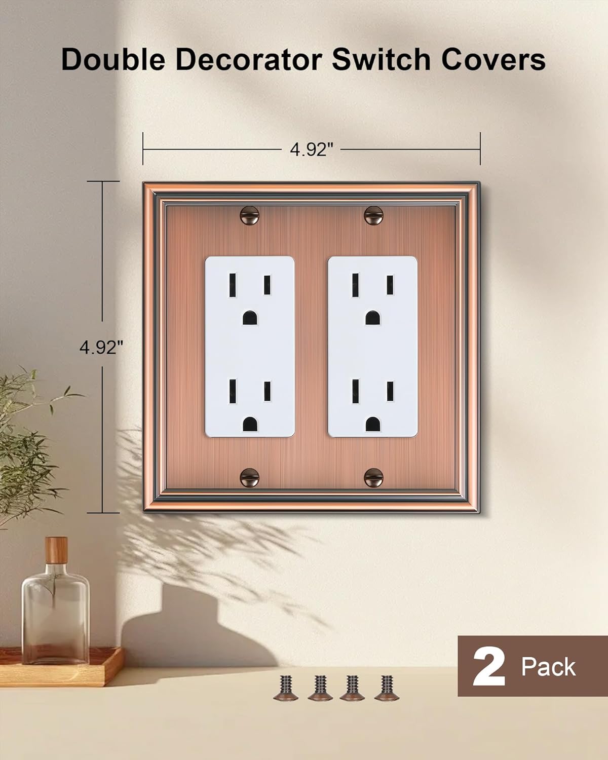 2-Pack Decorative Double Decorator Outlet Cover Plate, Durable Zinc Alloy Antique Copper Wall