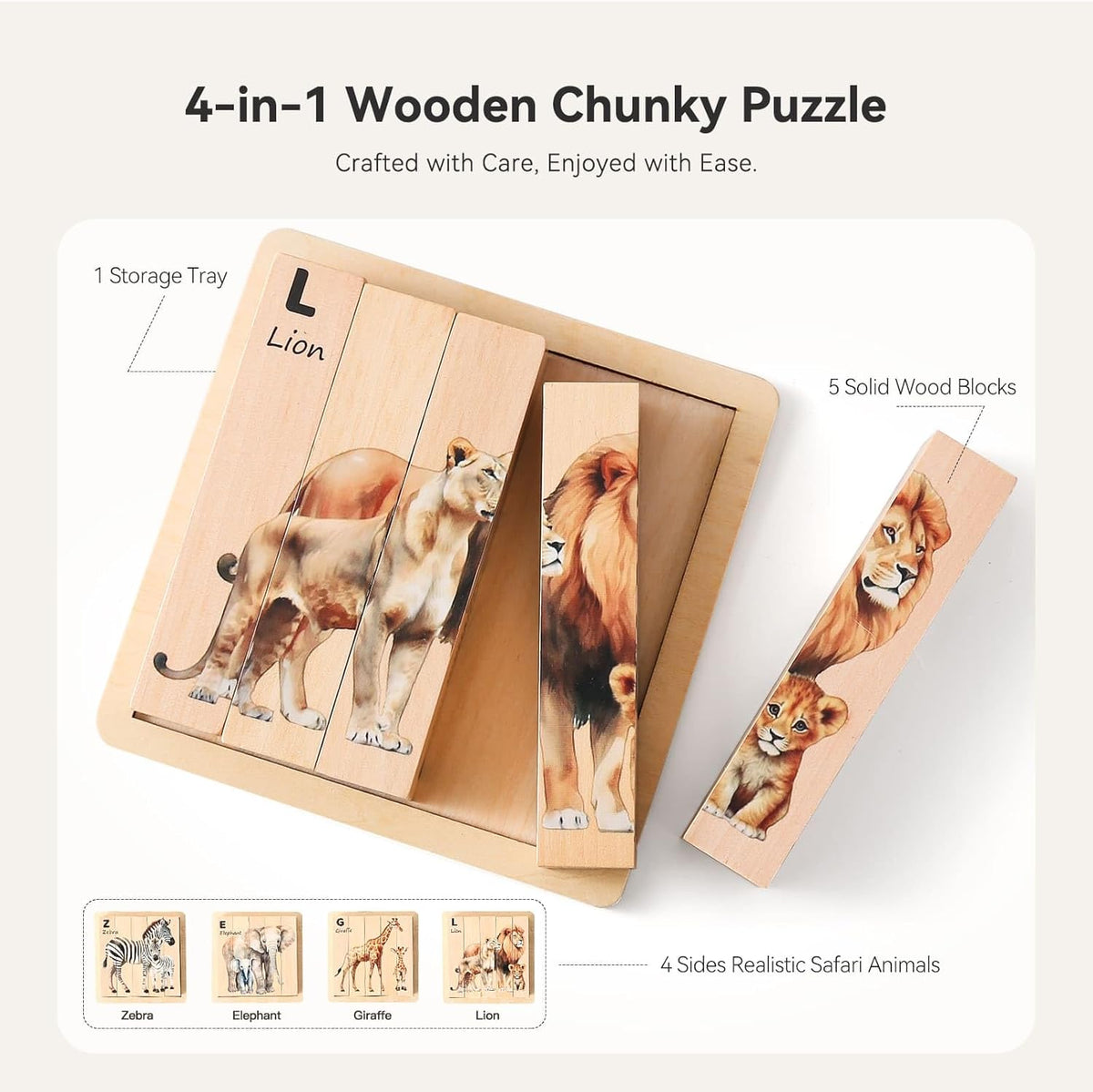 IEATFO 4 in 1 Wooden Animal Chunky Puzzle, 5 Solid Wood Puzzle Blocks with 4 Sides Realistic Safari