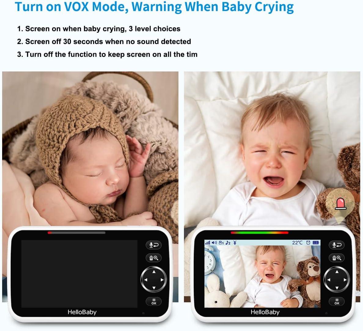 HelloBaby No WiFi Baby Monitor 5" Screen 30-Hour Battery Pan-Tilt-Zoom Video Upgrade with Camera