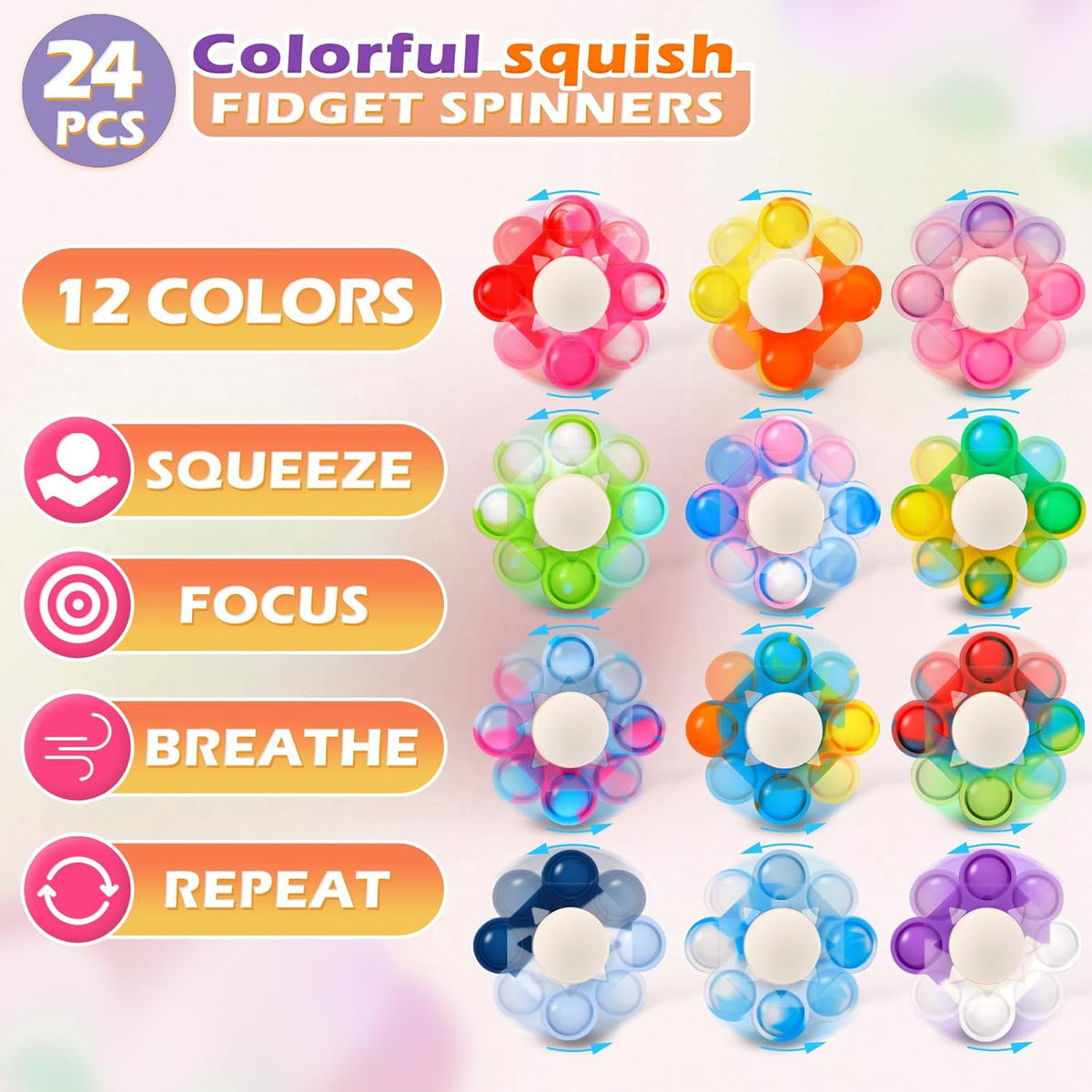 24 PCS Pop Fidget Spinners - Colorful Party Favors for Kids - Sensory Toys for Stress Relief and