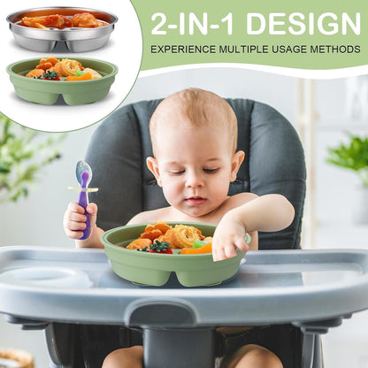 Nuogo 3 Pcs Stainless Steel Baby Suction Plates with Removable Silicone Shell 2-in-1 Metal Toddler