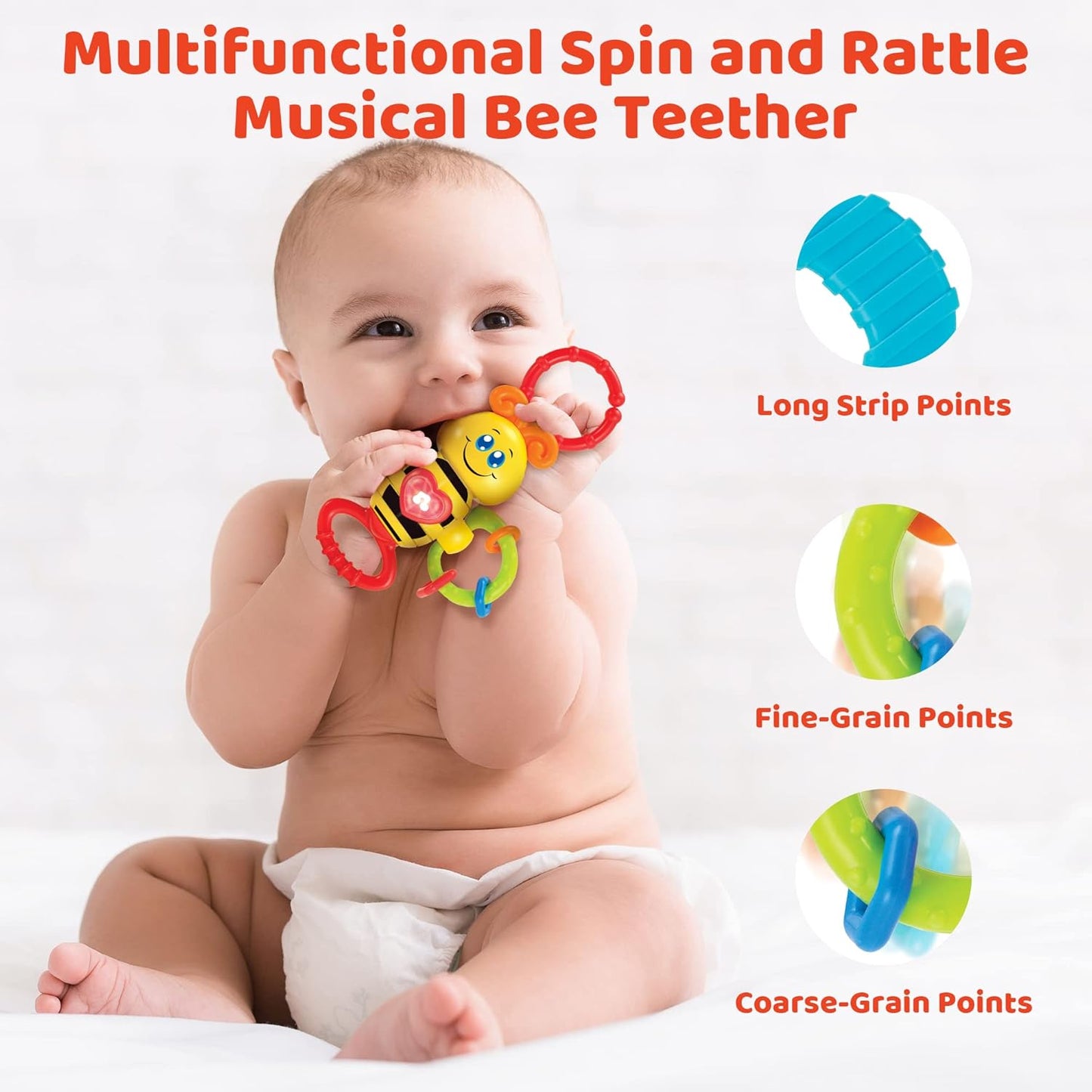 KiddoLab Twist & Rattle Musical Bee Light-Up Toy and Teething Ring for Toddlers - Sensory Chew and