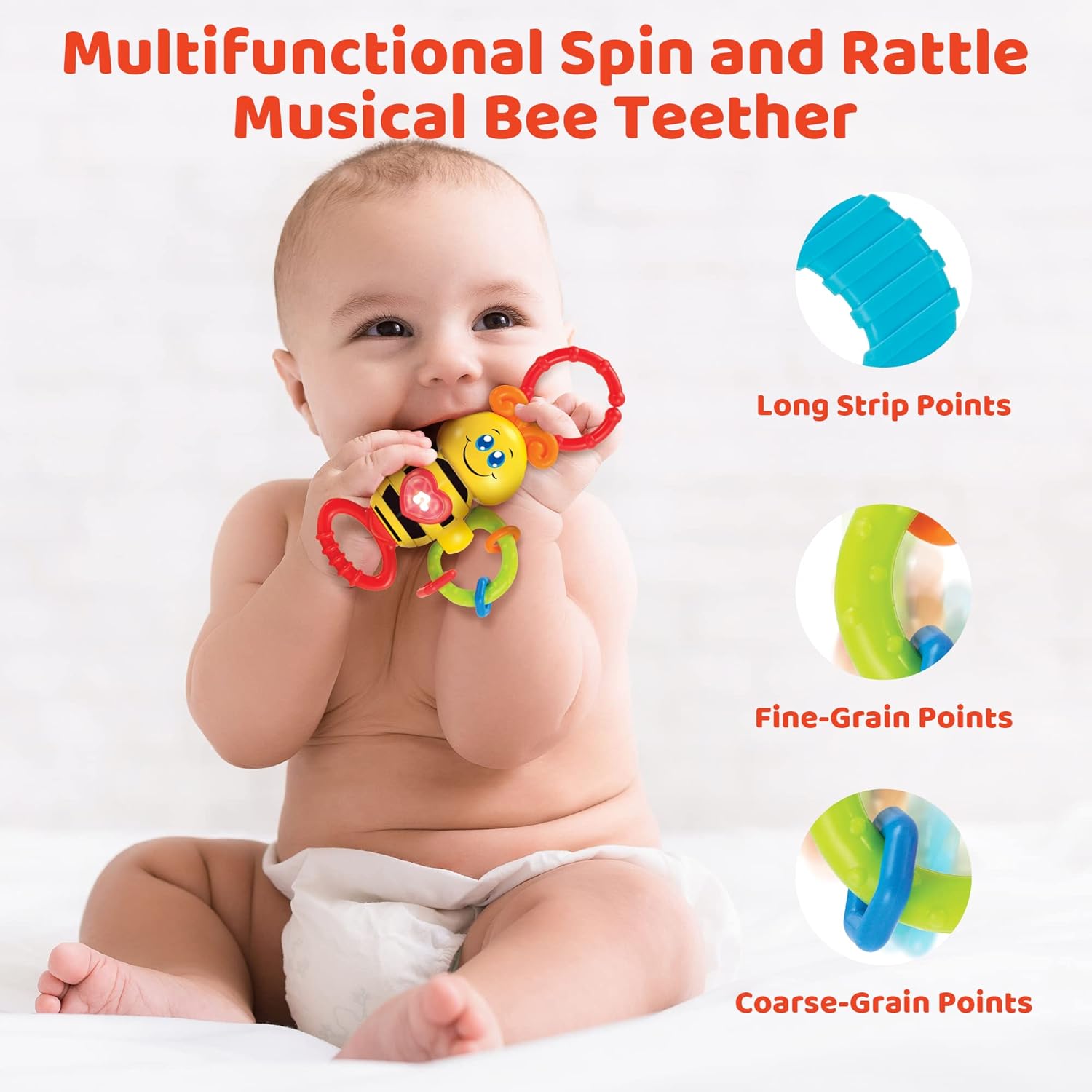 KiddoLab Twist & Rattle Musical Bee Light-Up Toy and Teething Ring for Toddlers - Sensory Chew and
