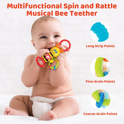 KiddoLab Twist & Rattle Musical Bee Light-Up Toy and Teething Ring for Toddlers - Sensory Chew and
