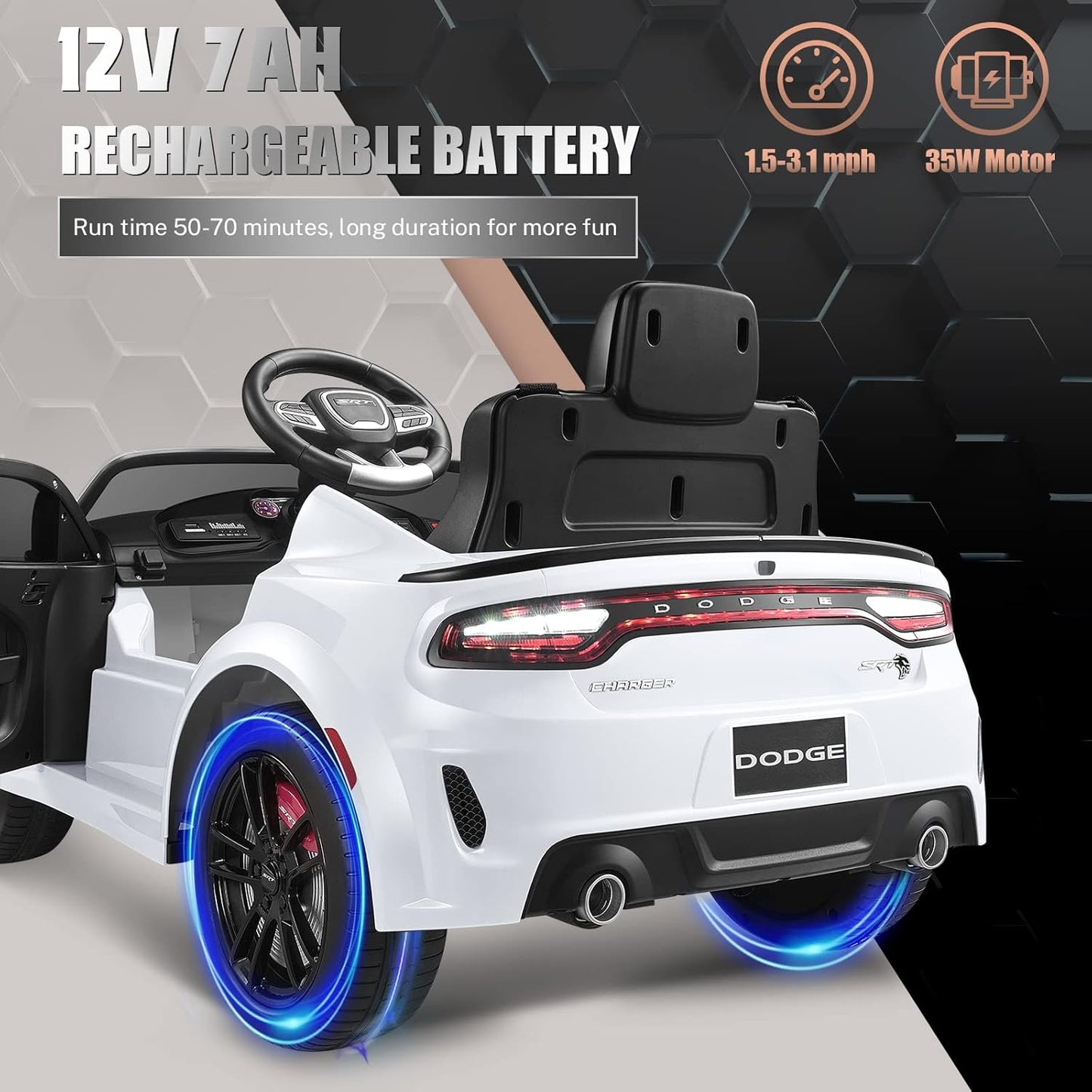 12V 7Ah Kids Electric Ride on Car, Licensed Dodge Charger SRT Hellcat, Battery Powered 4-Wheels Toy
