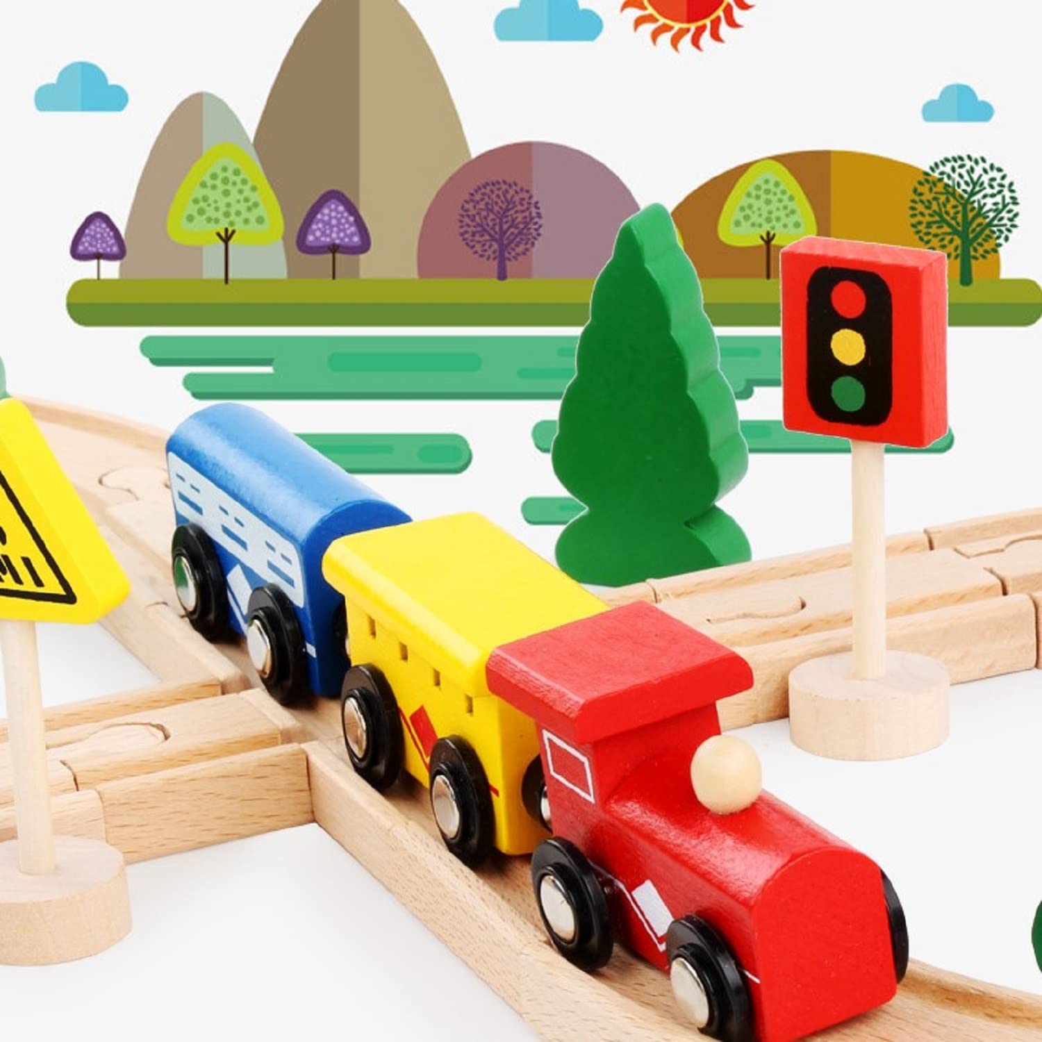 Wooden Train Tracks Toys for Toddler, 33 Pieces Magnetic Train with Wooden Tracks Fits for Thomas