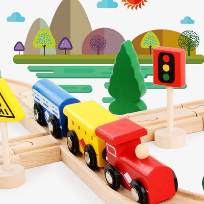 Wooden Train Tracks Toys for Toddler, 33 Pieces Magnetic Train with Wooden Tracks Fits for Thomas