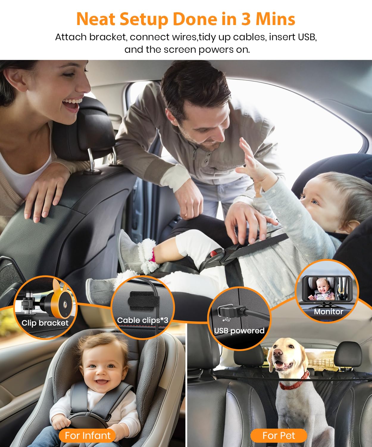 USB Baby Car Camera Plug-Play, 4.5" 1080P Easy Setup Backseat Camera with Flexible 360 Rotation