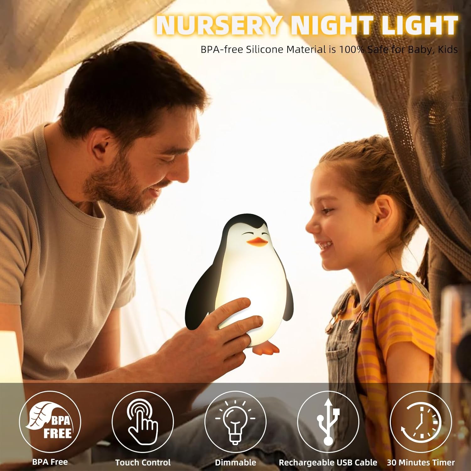 Tcamp Cute Penguin Night Light for Kids, 3 Level Dimmable Nursery Nightlight Lamp, Cute Silicone