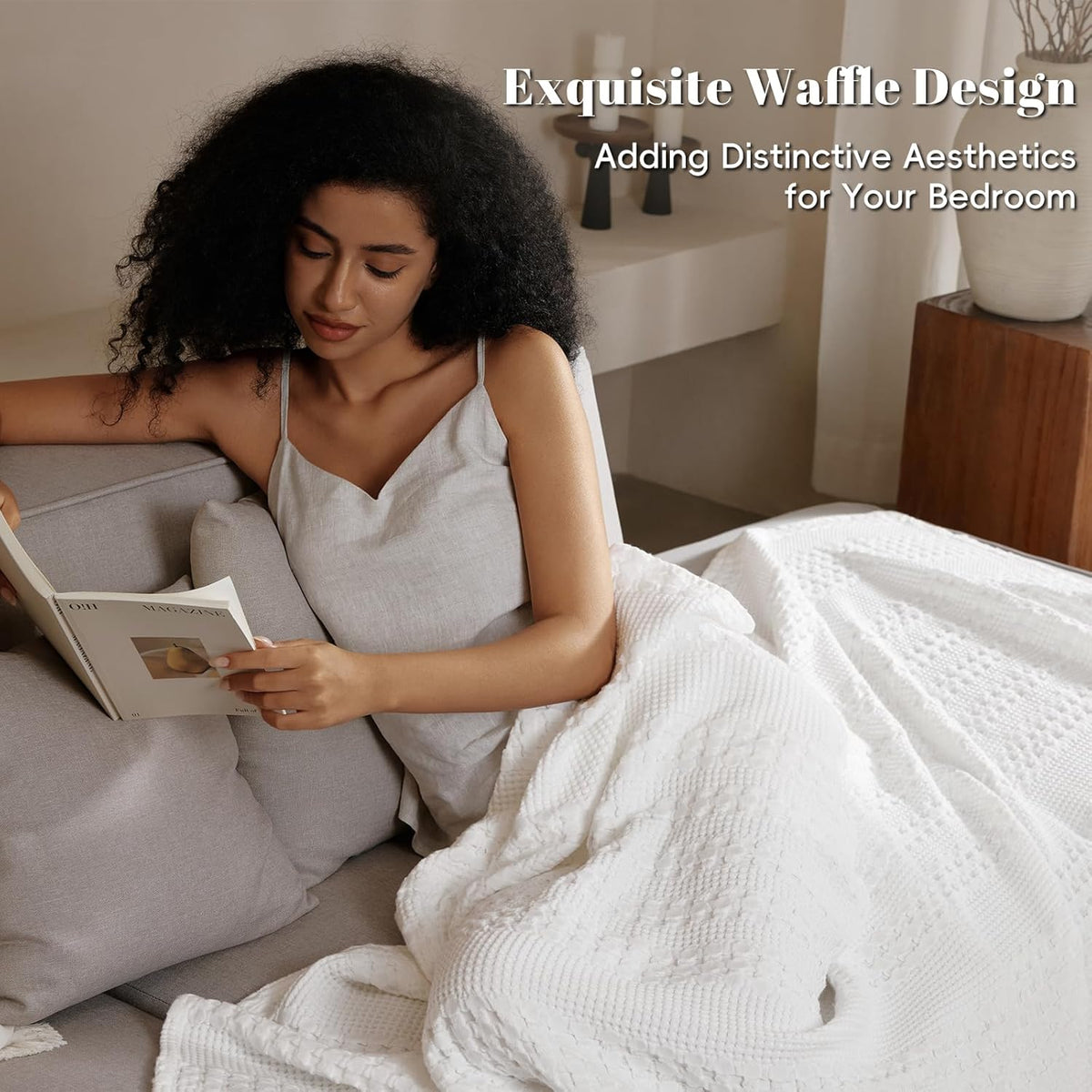PHF 100% Cotton Waffle Weave Blanket Twin Size, Soft Lightweight Breathable Cozy Summer Blankets