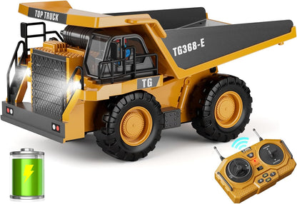 RC Dump Truck Toy, 9-Channel Remote Control Toy with Metal Bed & Light, Rechargeable Battery, Kids
