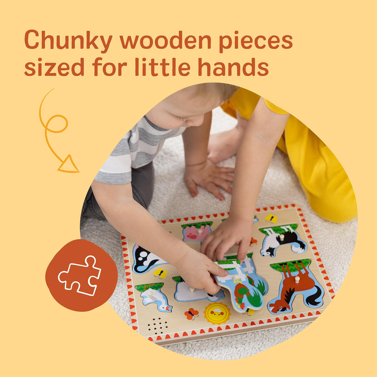 Melissa & Doug Farm Animals Sound Puzzle – 8-Piece Wooden Peg Puzzle with Light-Activated Sounds