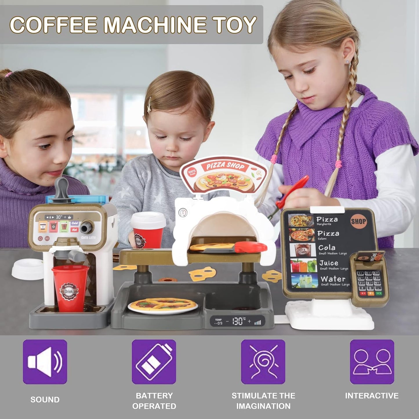 deAO Pretend Play Store Coffee Playset Kids Coffee Maker Play Set Pizzas Shop with Cash Register