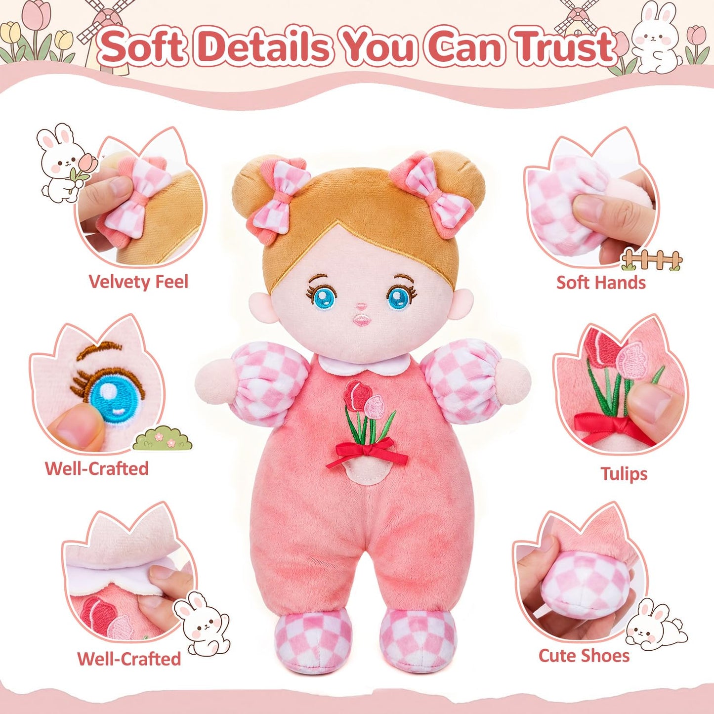 OUOZZZ Soft Plush Baby Doll 10" Tulip Pink Snuggle Buddy