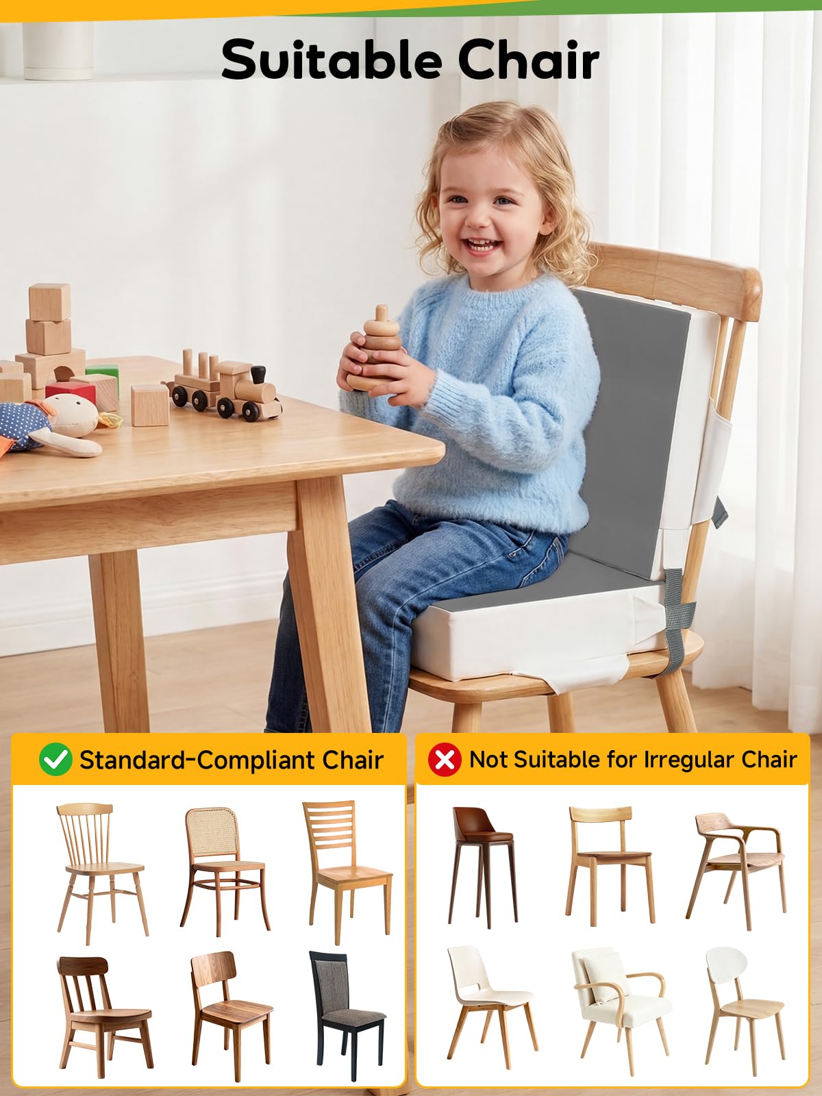 Booster Seat for Kitchen Chair - Toddler Booster Seat for Dining Table - PU Washable Double-Safety